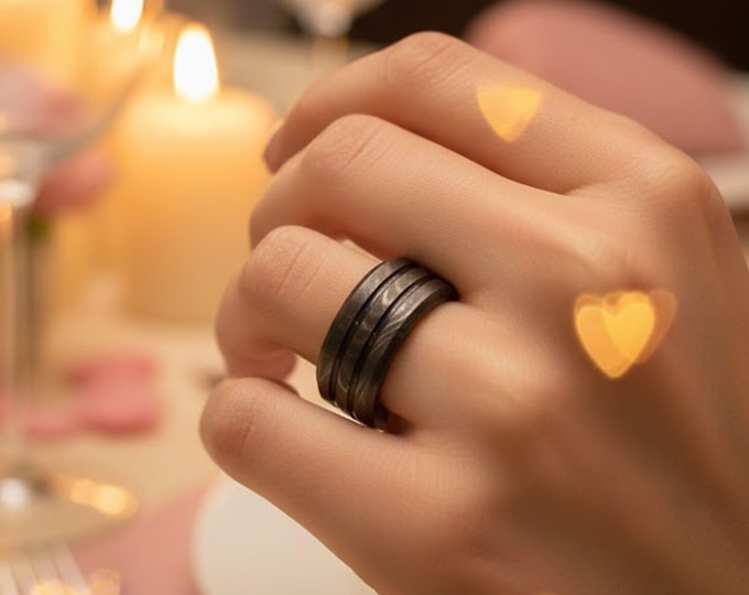 Featured listing image: women engraved ring black duo line textured band for engagement rings personalized gift statement rings  wooden box jewelry box