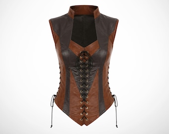 Womens corset vest, leather halloween costume, fitted gothic waistcoat, victorian renaissance cosplay, anniversary gifts for her