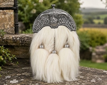 White goat fur highland Sporran Celtic hairy goat cantle Ivory cream fur Scottish kilt bag with chain strap wedding & collector's gift