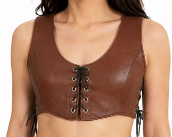 Cropped brown vest for womens, lace up sleeveless top, fitted waistcoat, womens clothing, birthday gifts for her