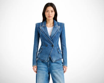Denim blazer jacket, womens clothing, jean suit jacket, tailored fit casual outerwear, stylish streetwear fashion, gifts for best friend