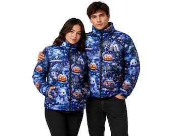 Ghost and Pumpkin Print Puffer Jacket, Unisex Spooky Quilted Outerwear