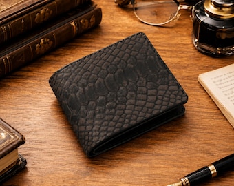 Premium leather men's wallet craftsmen engraved dark crocodile bifold slim 6 card exotic easy carry wallet birthday gifts for father in law