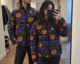 Unisex Quilted Puffer Jacket with Pumpkin and Ghost Print