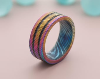 Rainbow engraved ring for women duo line minimalist statement ring wedding band personalised date ring valentine gift wooden keepsake box