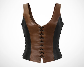 Leather corset vest for womens, fitted scoop neck waistcoat, sleeveless two tone leather top, alternative fashion vest, gifts for her