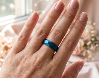 Blue engagement ring faceted engraved rings for women statement rings personalized jewelry gift wooden jewelry box valentines day gift