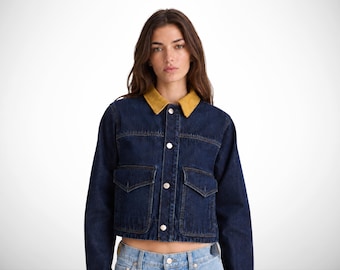 Cropped denim jacket, womens contrast collar workwear jean, boxy button front utility jacket, casual outerwear, birthday gifts