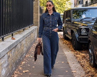 Denim jumpsuit long sleeves front button closure flared leg jeans romper dress womens casual chic summer outfit anniversary gifts for her