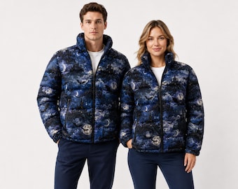 Quilted Winter Puffer Jacket with Haunted Castle and Night Sky Print