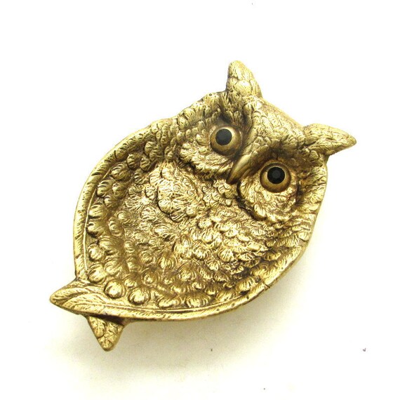 Vintage Gold Tone Brass Owl w/ Gem Rhinestone Eyes