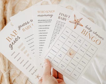Coastal Seashell Baby Shower Games Bundle, 8 Editable Neutral Shell Games, Nautical Template, s45l