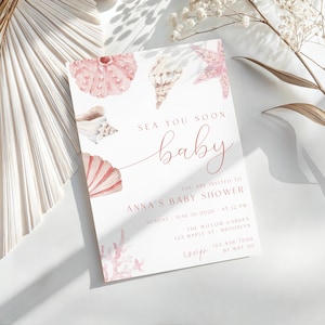 Invitation pour une fête prénatale « À bientôt », thème coquillages roses, modèle Canva modifiable, d68l