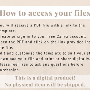 May include: A beige graphic with the text "How to access your files" and bullet points explaining the process. The Canva logo is in the upper right corner. The bottom of the graphic states "This is a digital product! No physical item will be shipped."