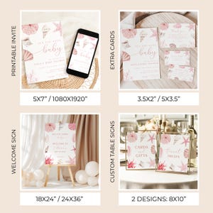 May include: A collection of baby shower stationery with a sea-themed design. Includes invitations, extra cards, welcome sign, and custom table signs. The color palette features soft pinks and coral accents, with seashell and starfish illustrations.