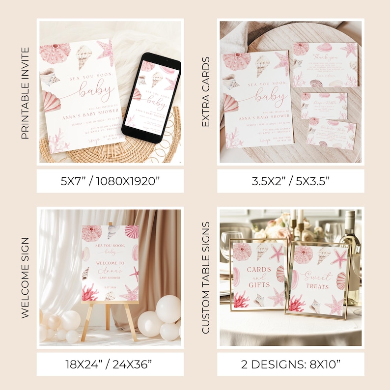 May include: A collection of baby shower stationery with a sea-themed design. Includes invitations, extra cards, welcome sign, and custom table signs. The color palette features soft pinks and coral accents, with seashell and starfish illustrations.