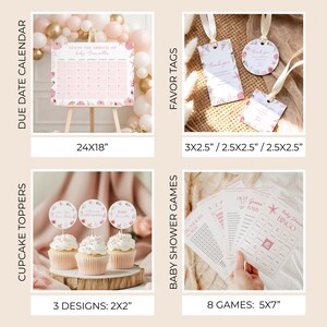 May include: A collection of baby shower decorations and games. Includes a due date calendar (24x18 inches), favor tags, cupcake toppers, and baby shower games. The items feature a pink and white seashell theme.