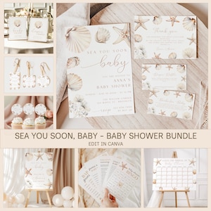May include: A baby shower bundle with a seashell theme. The set includes invitations, thank you cards, game cards, and a sign. The text "Sea You Soon, Baby" is featured on the invitation. The color palette is neutral with beige and brown tones.