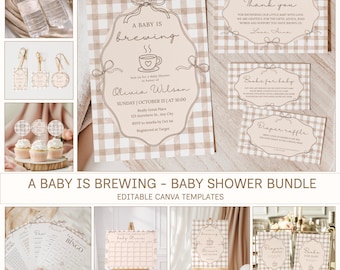 Peut inclure: Un ensemble de papeterie pour fête prénatale avec un motif vichy beige et blanc, orné d'illustrations au trait marron représentant des nœuds et des tasses à café. Le kit comprend des invitations, cartes, jeux, panneaux et étiquettes.