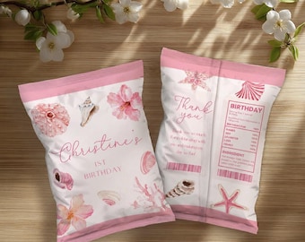 Pink Coastal Summer Birthday Chip Bag Wrappers Labels, Seashell Theme, Editable Template (Digital Download)