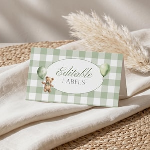 Könnte beinhalten: Eine gefaltete rechteckige Karte mit einem salbeigrünen und weißen Vichy-Muster. In der Mitte befindet sich ein ovaler Rahmen mit dem Text Editable LABELS, begleitet von einem braunen Teddybären mit grünem Ballon und einem grünen Ballon.