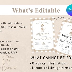 May include: A Canva-editable invitation design for a first birthday. The design features a cartoon goose, the text "silly goose!" and the date March 16. The text is editable, allowing customization of name, date, location, and RSVP details.