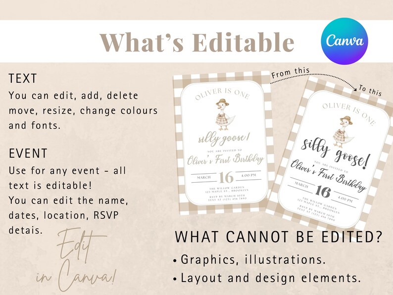 May include: A Canva-editable invitation design for a first birthday. The design features a cartoon goose, the text "silly goose!" and the date March 16. The text is editable, allowing customization of name, date, location, and RSVP details.
