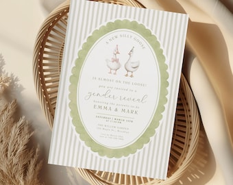 Silly Goose Gender Reveal Invitation, Whimsical Sage Green Baby Invite, Editable Canva Template