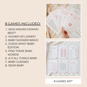 May include: A set of eight baby shower games printed on white cardstock with pink accents. The games include Baby Bingo, Guess Who, and A-Z All Things Baby. The text "8 Games: 5x7" is also visible.
