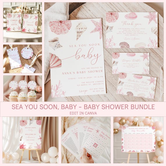 Sea You Soon Baby Shower Bundle, Pink Coastal Seashell Theme (Canva Template), d68l