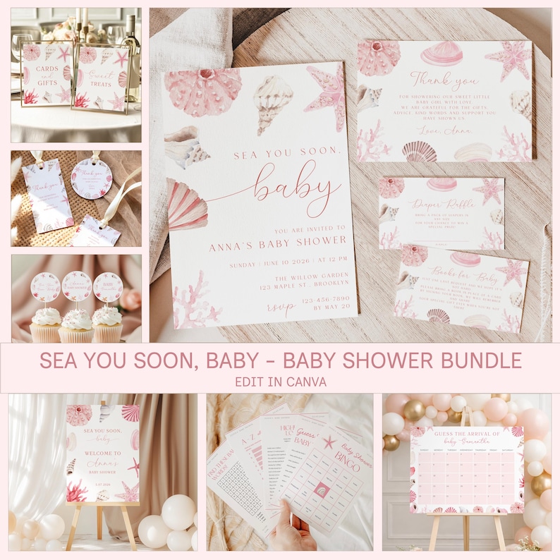 May include: A baby shower bundle with a sea theme. Includes invitations, thank you cards, game cards, cupcake toppers, and a welcome sign. The design features seashells, starfish, and coral in shades of pink and white.