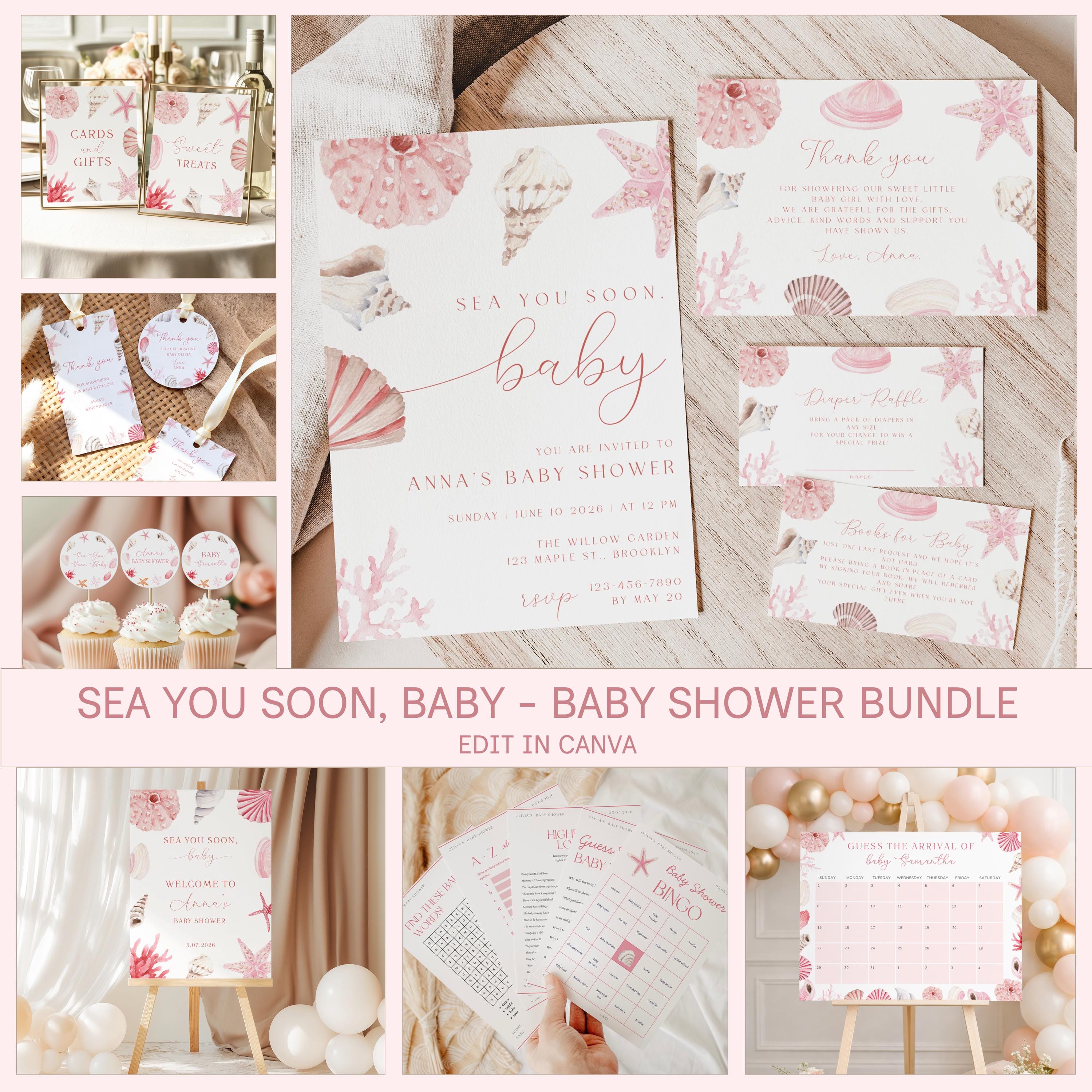 Sea You Soon Baby Shower Bundle, Pink Coastal Seashell Theme (canva ...