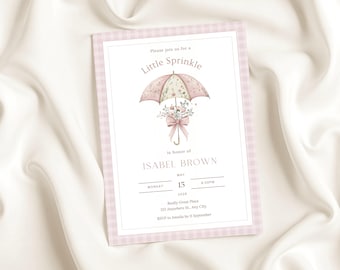 Baby Sprinkle Invitation, Pink Gingham Floral Theme, Umbrella Baby Shower, Editable Canva Template