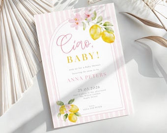 Italiaanse babyshoweruitnodiging, Ciao-babyuitnodiging, roze citroengestreept thema, bewerkbare sjabloon, k67l