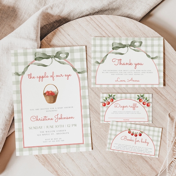 Apple of Our Eye Baby Shower Invitation Set, Sage Gingham, Books for Baby, Diaper Raffle (Editable Canva Template), a61e
