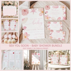 Puede incluir: Un paquete para baby shower con temática marina. La invitación y otras tarjetas presentan flores rosas, conchas marinas y estrellas de mar. El texto "Sea You Soon Baby" se muestra en la invitación. Otros artículos incluyen un calendario.
