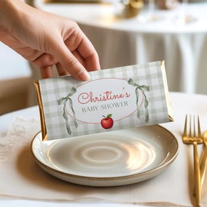 Bewerkbare wikkels appelchocoladerepen, coquette gingham snoeplabels, herfst babyshowerdecoraties, a61e