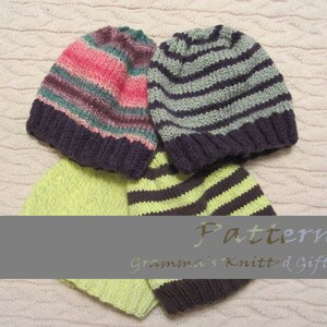 May include: Four knitted hats in different colors and patterns. The hats are stacked on top of each other. The hats are made with a variety of colors, including green, purple, pink, yellow, and brown. The hats are striped and have a ribbed texture. The text "Pattern" and "Gramma's Knitted Gifts" is visible at the bottom of the image.