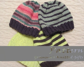 May include: Four knitted hats in different colors and patterns. The hats are stacked on top of each other. The hats are made with a variety of colors, including green, purple, pink, yellow, and brown. The hats are striped and have a ribbed texture. The text "Pattern" and "Gramma's Knitted Gifts" is visible at the bottom of the image.