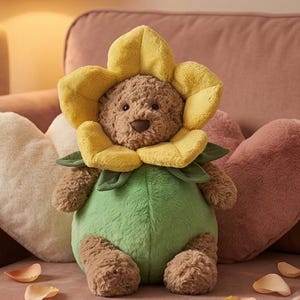 Può includere: Un orsacchiotto di peluche a tema girasole con testa e arti marroni, un copricapo a forma di fiore giallo e un corpo verde. Il peluche è seduto su una superficie rosa, con cuscini a forma di cuore sullo sfondo.