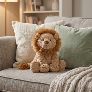 May include: A plush lion toy with a tan body and a brown mane and tail sits on a gray couch. The lion has a friendly expression and is surrounded by pillows in neutral colors. The toy is soft and cuddly, perfect for a child's room.