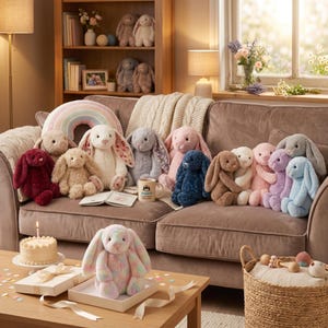 May include: A collection of plush bunny rabbits in various colors, including red, pink, blue, and beige, are arranged on a brown sofa. A rainbow-shaped pillow and a small birthday cake are also visible. A multi-colored bunny sits in a gift box on a wooden table.