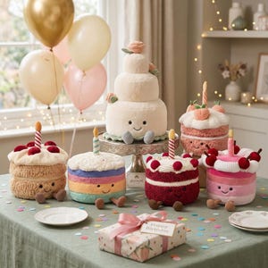 Może przedstawiać: Kolekcja pluszowych tortów urodzinowych z uśmiechniętymi twarzami, świeczkami i dekoracyjnymi dodatkami. Ciasta ułożone są na zielonym obrusie z zapakowanym prezentem i balonami w tle. Ciasta różnią się rozmiarem i kolorem.