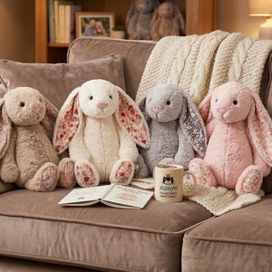 Jellycat Blossom Bunny Collection Plush, Cream Beige Blush Silver Bunny Toy, Floral Ear Rabbit Plush, Cute Stuffed Bunny Gift,