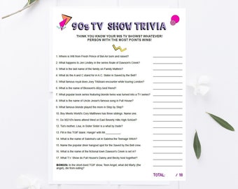 90s TV Show Trivia Game Printable, 90's tv Trivia, 90s Party, 90s Trivia, 90's Games, 90's Party, 90's Trivia, 90s Party Signs, AWD-21