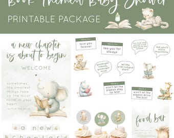 May include: A book-themed baby shower printable package. The design includes watercolour illustrations of animals reading books, cupcakes, and text elements such as "a new chapter is about to begin". The colour scheme features green and cream.