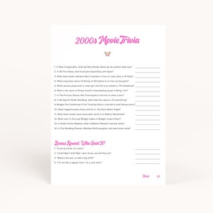 2000s Party Movie Trivia Printable, 2000s Themed Movie Trivia, 2000&#39;s Movie Trivia, 2000s Movie Trivia Game, Chick Flick Trivia Game, AWD-23