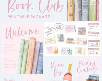 May include: A printable package for a book club with a watercolor design. The package includes welcome signs, name tags, wine bar signs, and a reading challenge sign. The text on the signs includes phrases like "I'm his Violet", "In my Smut Era", and "Crazy Book Lady".