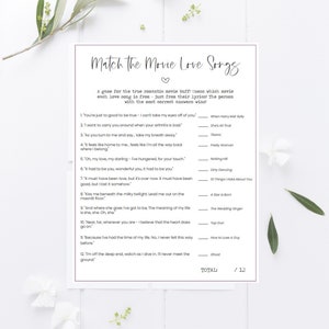 以下が含まれることがあります： 映画ファン向けの印刷可能なゲームで、ロマンチックな映画のラブソングに関する知識を試すことができます。このゲームには、映画のラブソングの歌詞12曲と、一致させる映画のタイトル12個が掲載されています。このゲームは、紫色の縁取りのある白い紙に印刷されています。