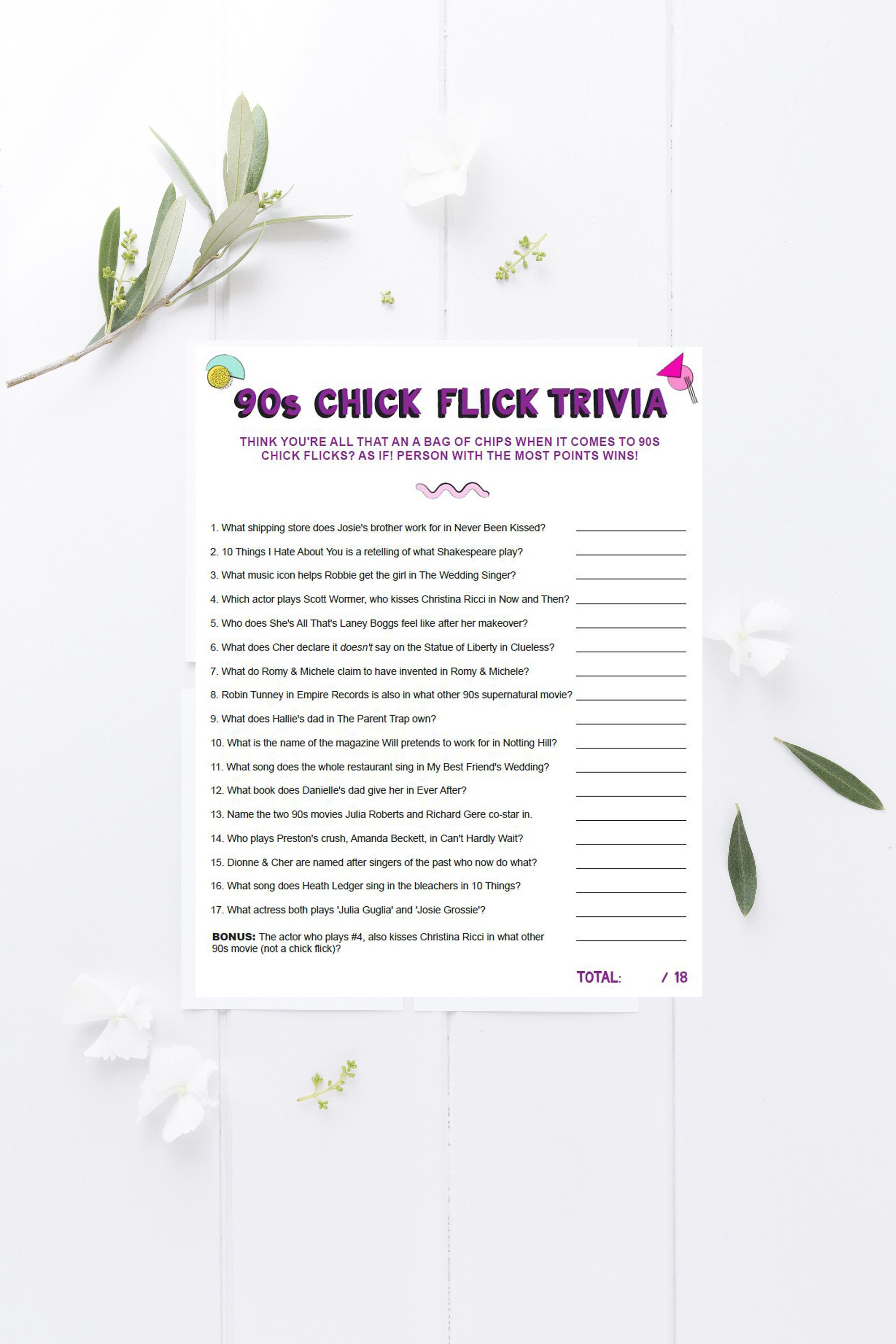 90s Chick Flick Trivia Game Printable 90 s Chick Flick Etsy UK